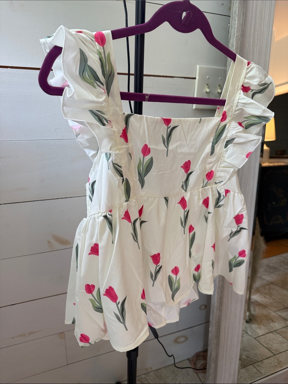 Floral Tulip Ruffle-Sleeve Peplum Blouse - White/Pink - Picture 3 of 6